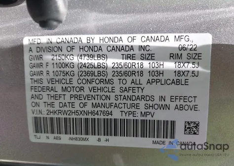 2022 Honda Cr-V Awd Ex from USA, damaged, VIN 2HKRW2H5XNH647694